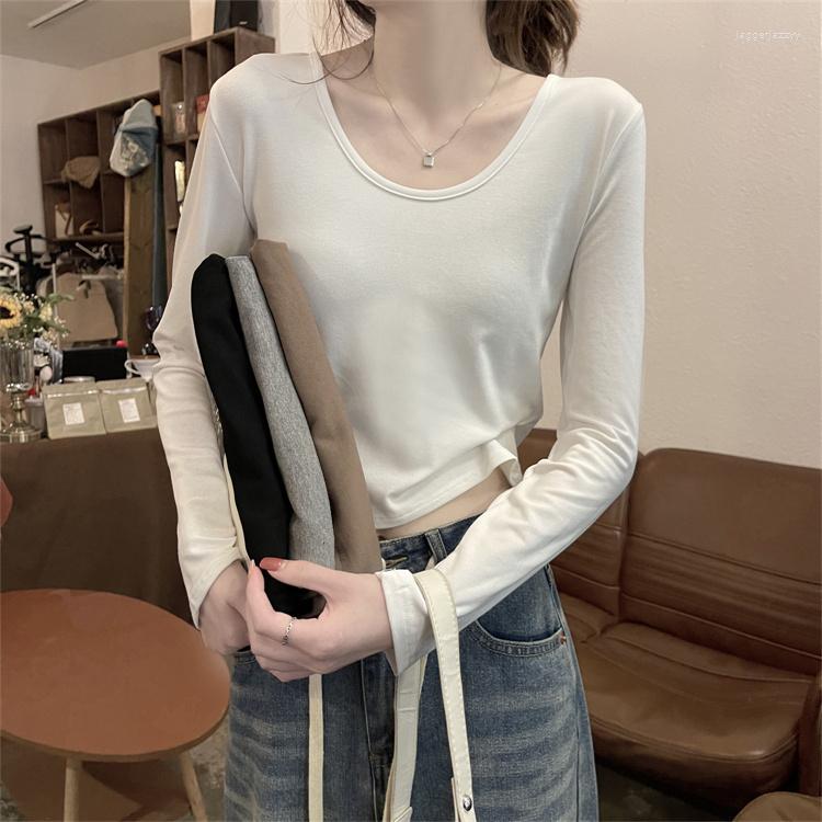

Women's T Shirts GY1648 Pure Sexy Girl Base Coat Autumn And Winter Korean 2022 U-neck Exposed Collarbone Slim Long Sleeve, Beige
