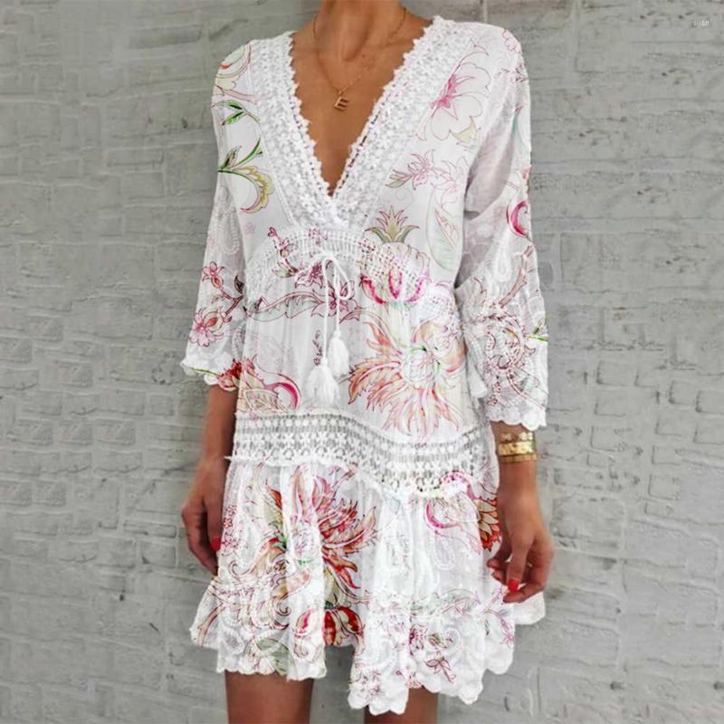 

Casual Dresses Vintage Summer Women Dress Floral Print Crochet Patchwork 3/4 Sleeve Deep V Neck Lace-up Ruffled Large Hem Beachwear, Black