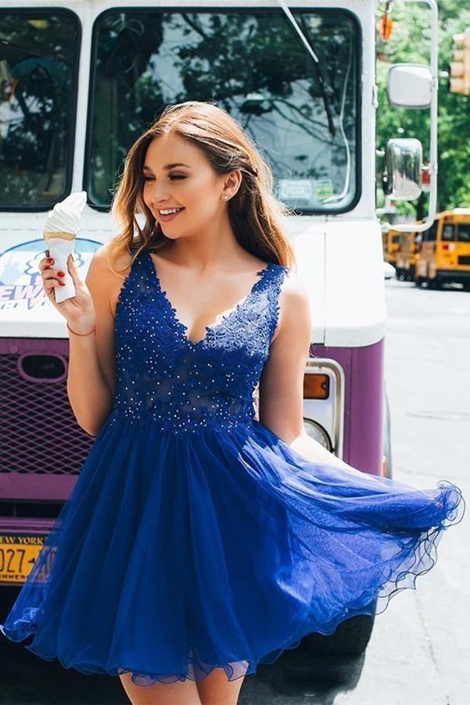 

Party Dresses Summer A Line Homecoming Beaded Applique Lace V Neck Graduation Gowns Backless Tulle Short Prom Dress, Beige