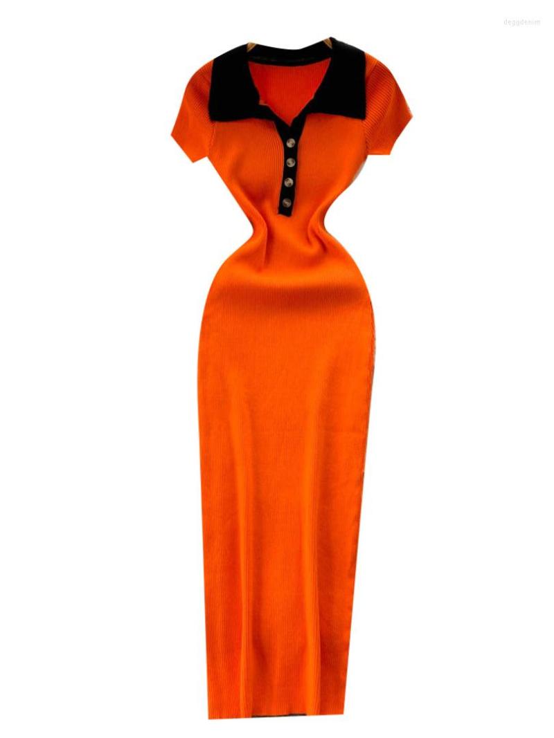 

Party Dresses Foamlina Vintage Women Knit Long Dress Summer Fashion Color Match Turn-down Collar Short Sleeve Buttons Slim Bodycon Maxi, Black
