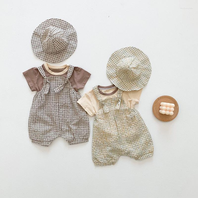 

Clothing Sets Toddler Girl Clothes Summer Casual Baby Small Girls Boy Short Sleeve Top With Pants Plaid Suit 2022, Beige