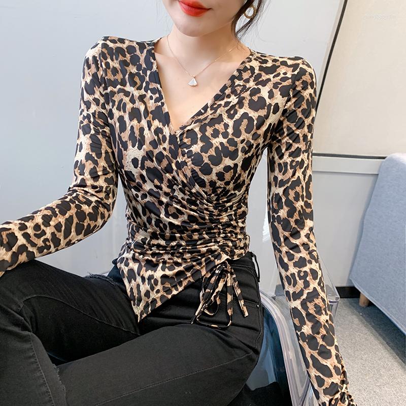 

Women's T Shirts Fall Winter European American Clothes T-Shirt Chic Sexy V-Neck Irregularity Lace Up Leopard Print Women Tops Long Sleeve, Black
