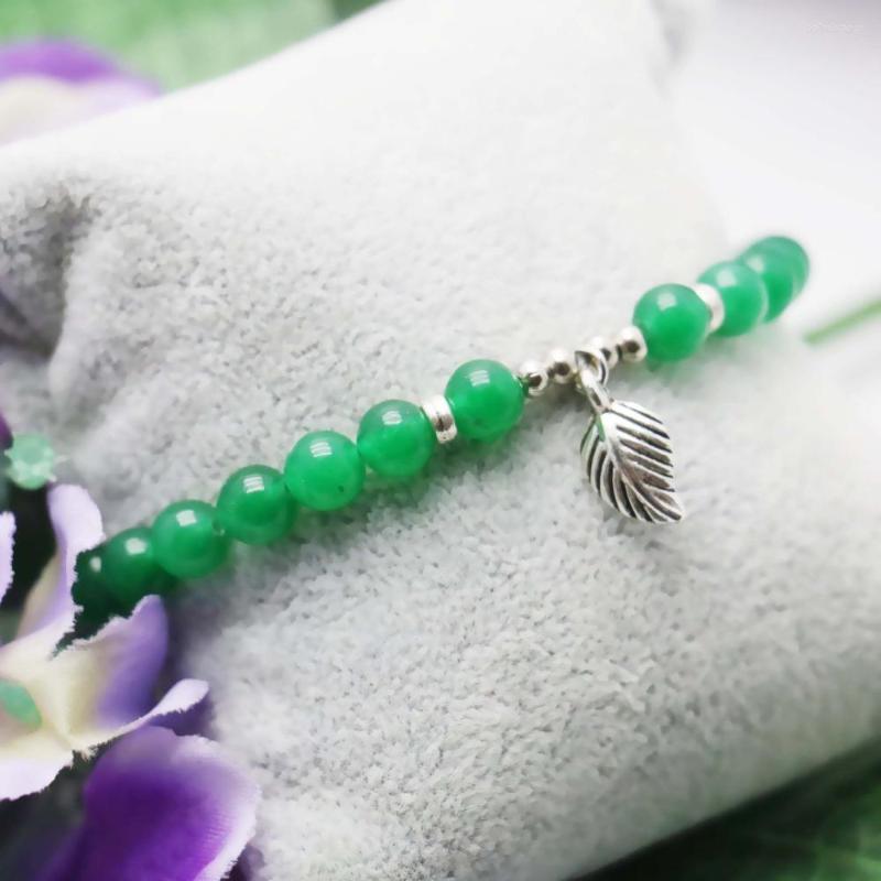 

Strand 6mm Green Beads Chalcedony Retro Natural Malay Created Stone Pendant Leaf Bracelet DIY Hand Chain For Women Girl Jewelry Design