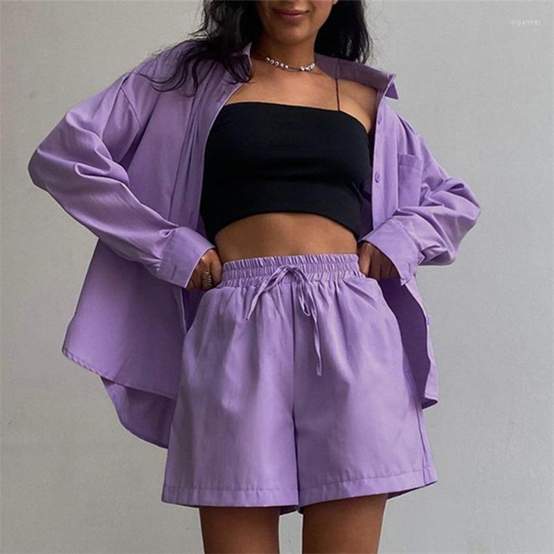 

Women' Tracksuits Two-pieces Shirts Sets 2022 Summer Loose Long Sleeve Blouse Suits Female Sport Elastic Waist Shorts Autumn S07, Green