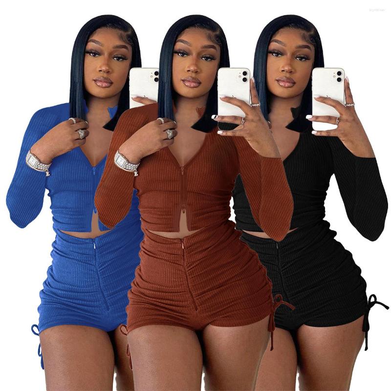 

Women' Tracksuits Autumn Knitted 2 Piece Short Sets Women Long Sleeve Zipper Up Crop Top And Tight Biker Shorts Casual Solid Clothes, Brown