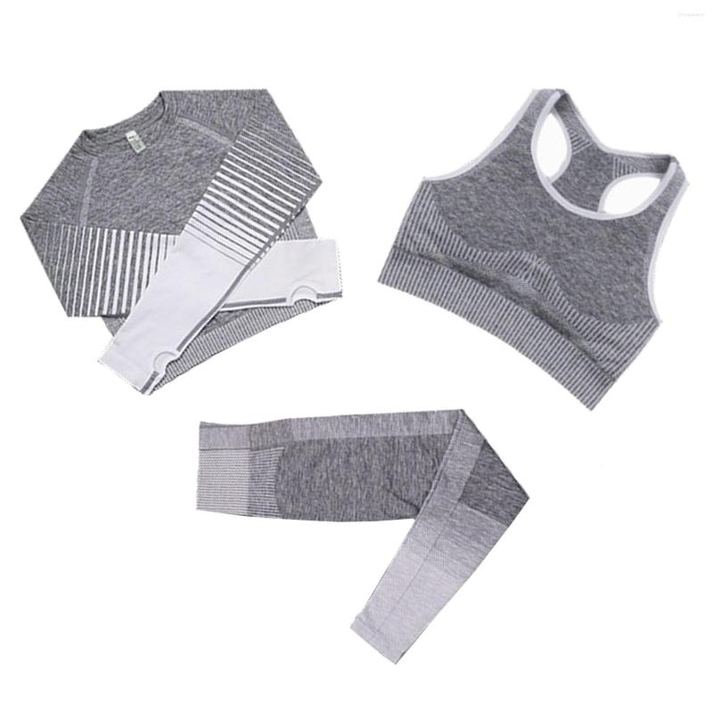 

Active Sets 3Pcs Women Yoga Suit Sportswear Workout Gym Clothing Long Sleeve Bra & Pants Tracksuit Set, Gray yellow