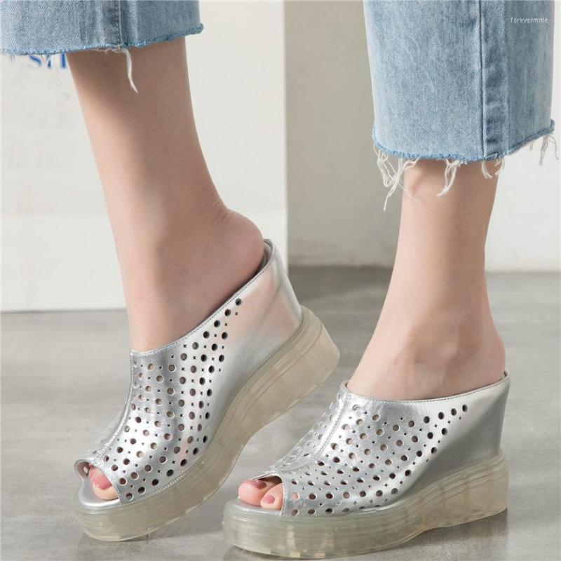 

Sandals Slip On Creepers Women Genuine Leather High Heel Gladiator Roman Female Open Toe Wedge Platform Pumps Shoes Casual, Silver