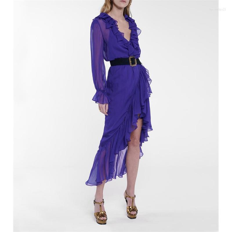 

Casual Dresses Dress For Women High Quality Spring Summer Runway V-neck Ruffles Long Sleeves Solid Irregular NP1485A, Picture shown