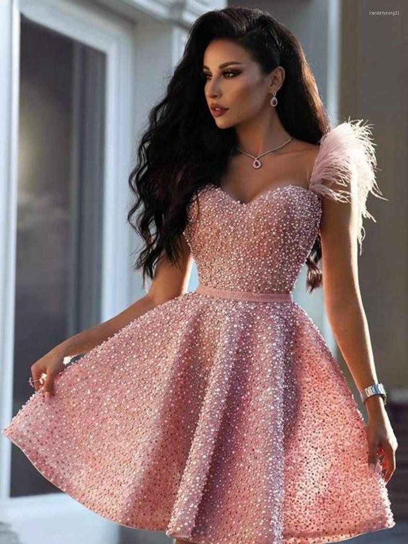 

Party Dresses Pink Luxury Cocktail 2023 Short Prom Dress Crystal Sequins Feathers Homecoming Gowns Women Elegant Graduation, Beige