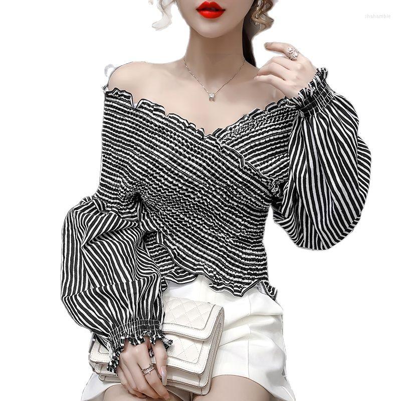 

Women's Blouses 2022 Women Crop Tops Sexy Off Shoulder Slash Neck Blouse Ruffle Lace Up Lantern Sleeve White Top Short Blusas, Photo color