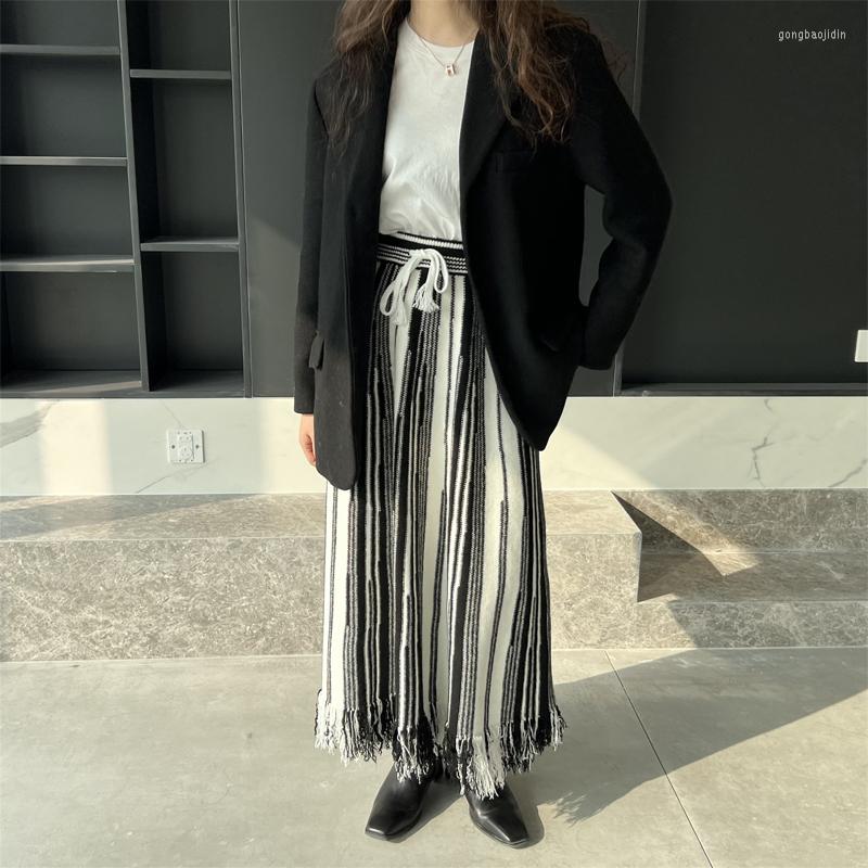 

Skirts Autumn And Winter Women's Casual Striped High Waist Fringed Knitted Skirt, Black
