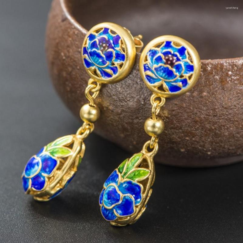 

Dangle Earrings BOCAI S925 Pure Silver Gold-plated Lotus Enamel Roasted Blue For Women