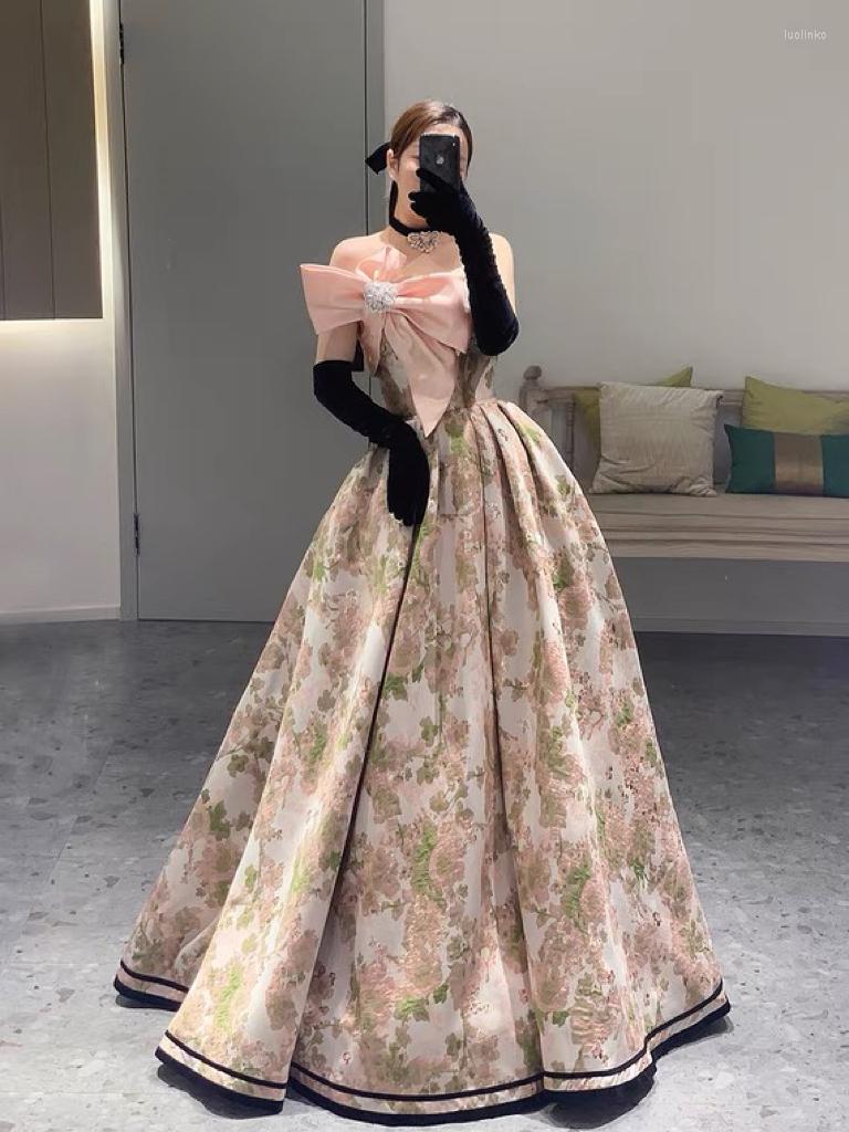 

Party Dresses Gorgeous Strapless Evening Floral Print French Style With Bow Fairy Crystal Necklace A-line Prom Gown Vestido 2022, Picture color