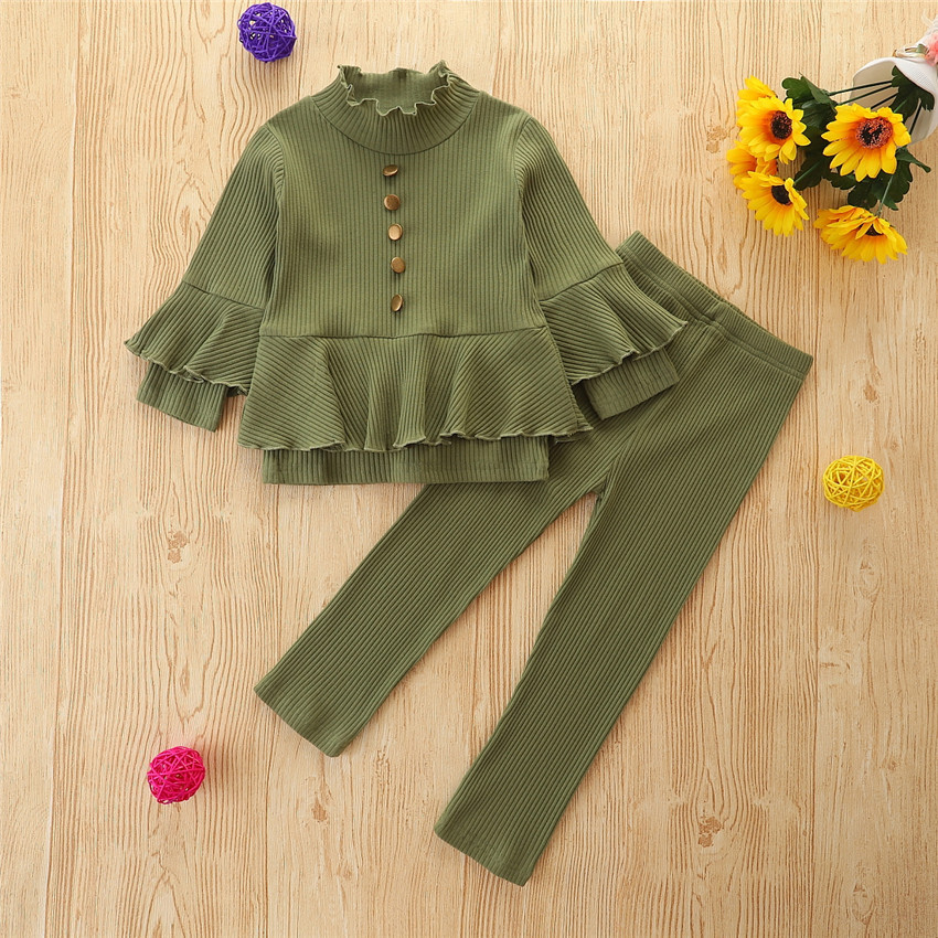 

Kids Girls Clothes Sets 2Piece Ruffles Solid Knit Long Sleeve Pullover Tops Flare Pants, As picture