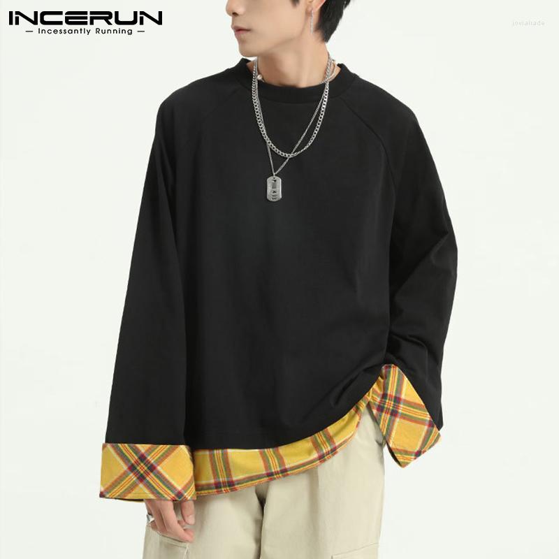 

Men's T Shirts INCERUN Fashionable Men Pullover Casual Streetwear Loose Stitching Tees Plaid Stylish All-match Long-sleeved S-5XL Tops 2022, Black