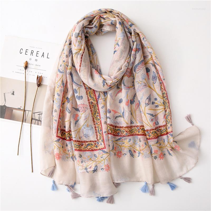 

Scarves 2022 Spring Blossom Flower Print Tassel Shawls Long Beach Soft Viscose Floral Wrap Scarf Hijab