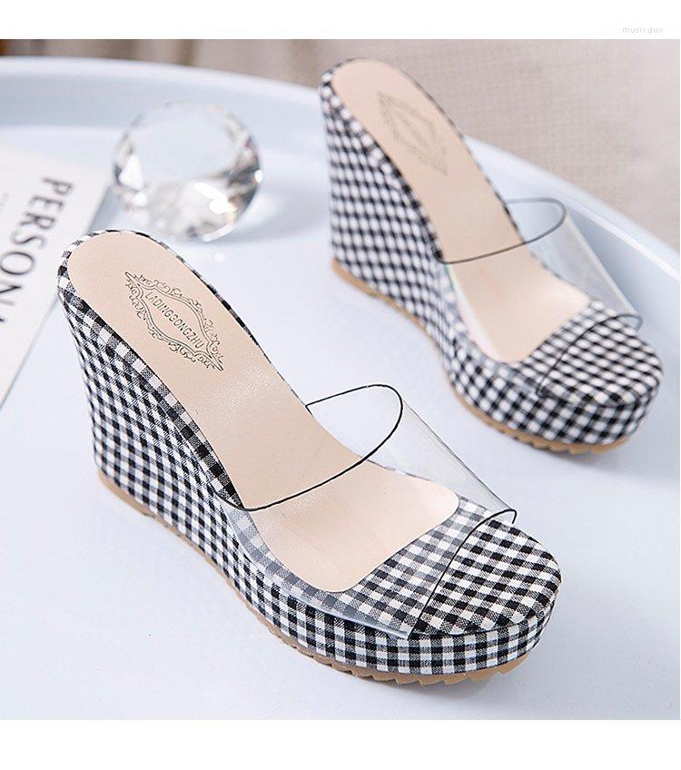 

Slippers Summer Women's Fashion Plaid Cloth Wear-resistant Square Head Wedge Heel Thick Bottom Waterproof Platform Sandals, Black