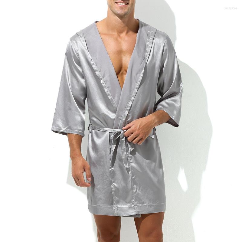

Men's Sleepwear Men Hooded Robe Silk Satin Night Gown Sleep Bathrobe Matching Couple Party Groom Robes Pajama Breathable Loungewear, White