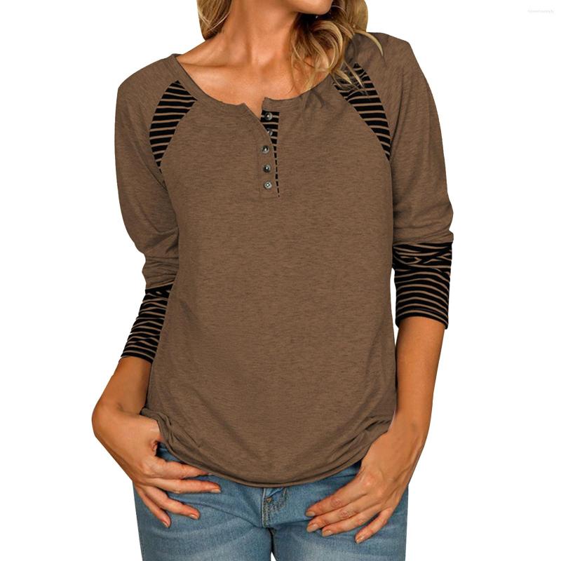 

Women's T Shirts Short Sleeve Ladies Long Round Neck Button Top Stripe Stitching Casual Shirt Summer For Women, Coffee