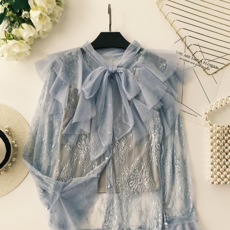 

Women's Blouses 2022 Autumn Female Bow Tie Ruffles Lace Women's Vintage Elegant Flare Sleeve Mesh Shirts Two Piece Set Shirt Top, Black
