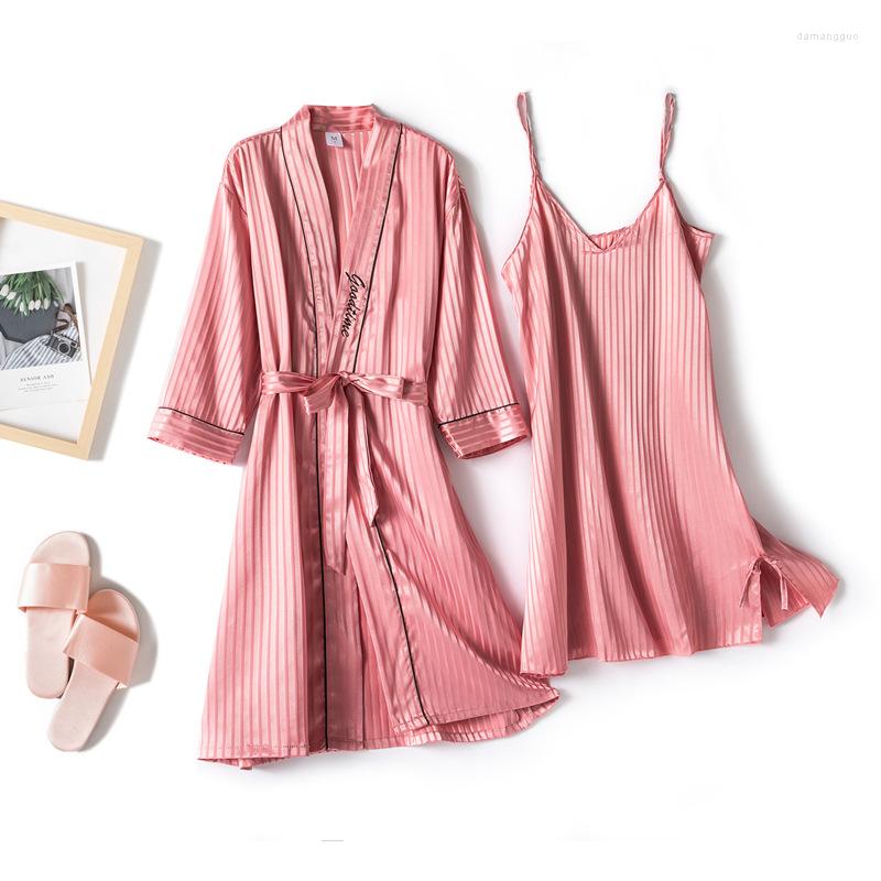 

Women's Sleepwear Spring Women Robe Gown Suit Bridal Wedding Sexy V-Neck Strap Nightgown Autumn Faux Silk Home Dress Casual Pyjamas, Champagne-b