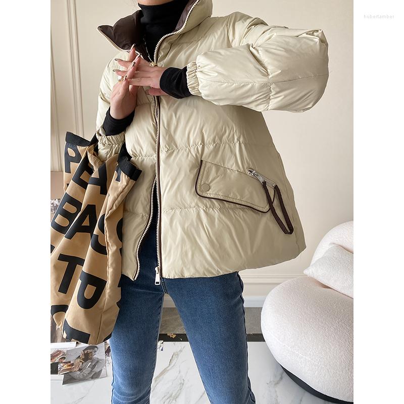 

Women's Down Stand-up Collar Loose Contrast Color Short Jacket Women 2022 Autumn And Winter SN0792, Beige