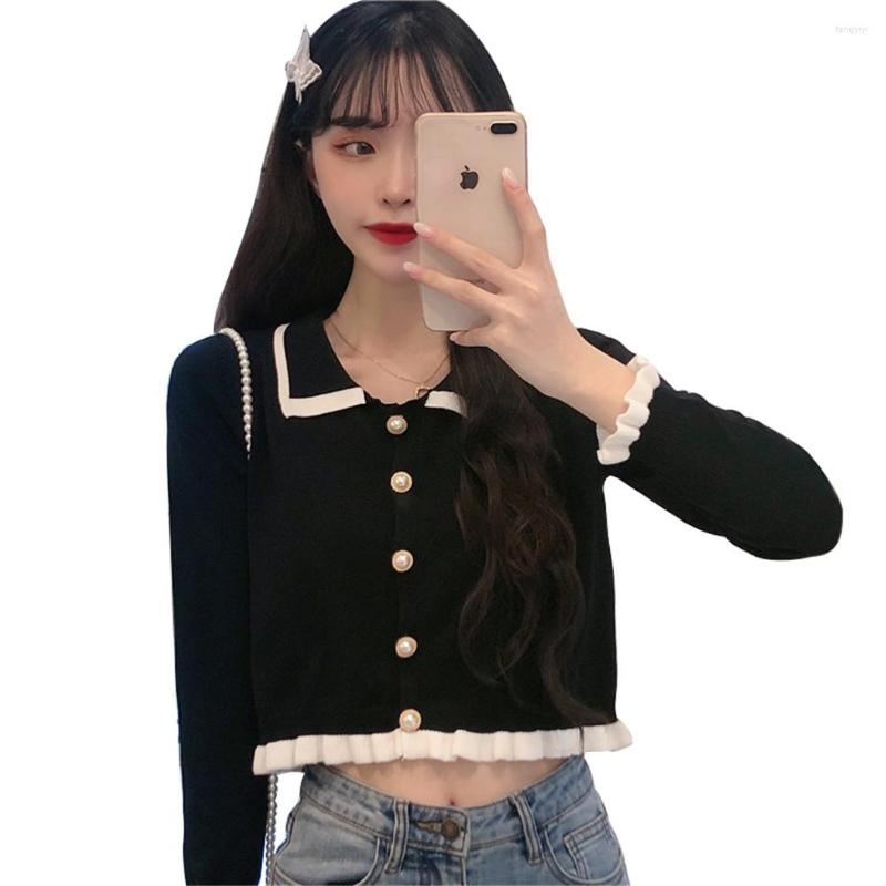 

Women' Knits Autumn Woman Sweaters Femme Pearl Breasted Long Sleeve Cropped Short Doll Collar Slim Sweater Top For Women Pull Hiver ZY6404, White