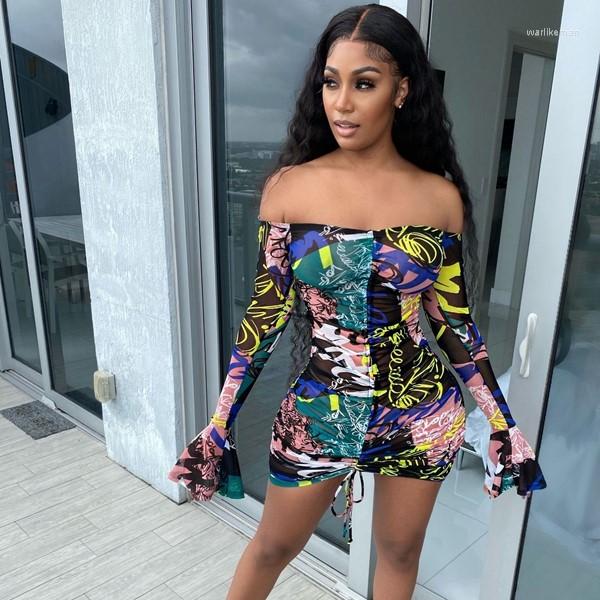 

Casual Dresses Printed Off The Shoulder Woman Dress Long Flare Sleeve Short Mini Party Streetwear Backless Ruched Bandage Bodycon, Leopard print