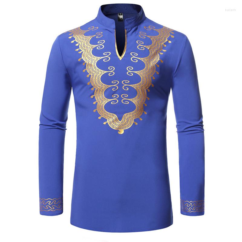 

Ethnic Clothing Royal Blue African Dashiki Print Shirt Men Fad Fashion Streetwear Clothes Slim Fit Long Sleeve Dress