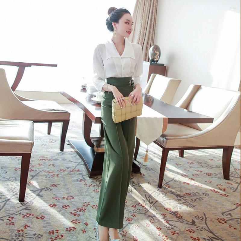 

Women' Tracksuits Women 2022 Summer Fashion Chic Elegant Shirt Top Wide Leg Pants Suits Female Casual Two Piece Sets Office Lady OL 2 Pcs, Picture shown