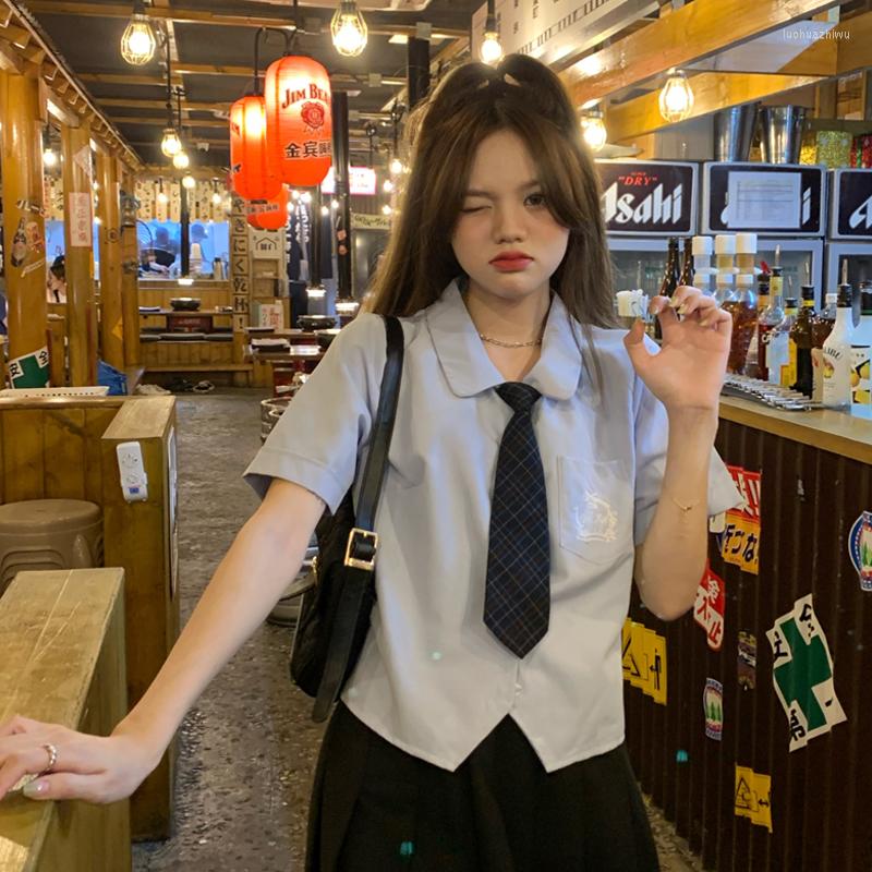 

Clothing Sets 2022 Spring And Summer Korean Style Jk College Uniform Short Sleeved Shirt Women's Blue Pink White Tie Tops, Blue shirt tie