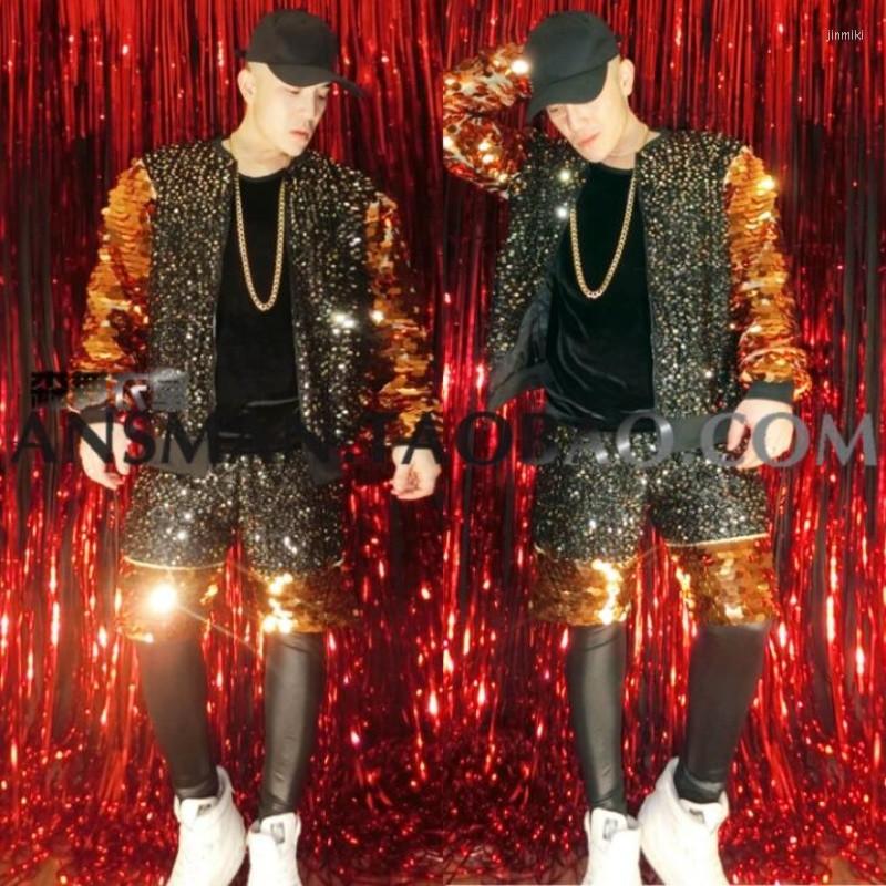 

Men' Jackets Men Personality Costume Suit Jacket Nightclub Bar Male Singer DJ Black Gold Sequin Hip Hop Baseball Uniform Fashion Coat, Jacket and shorts