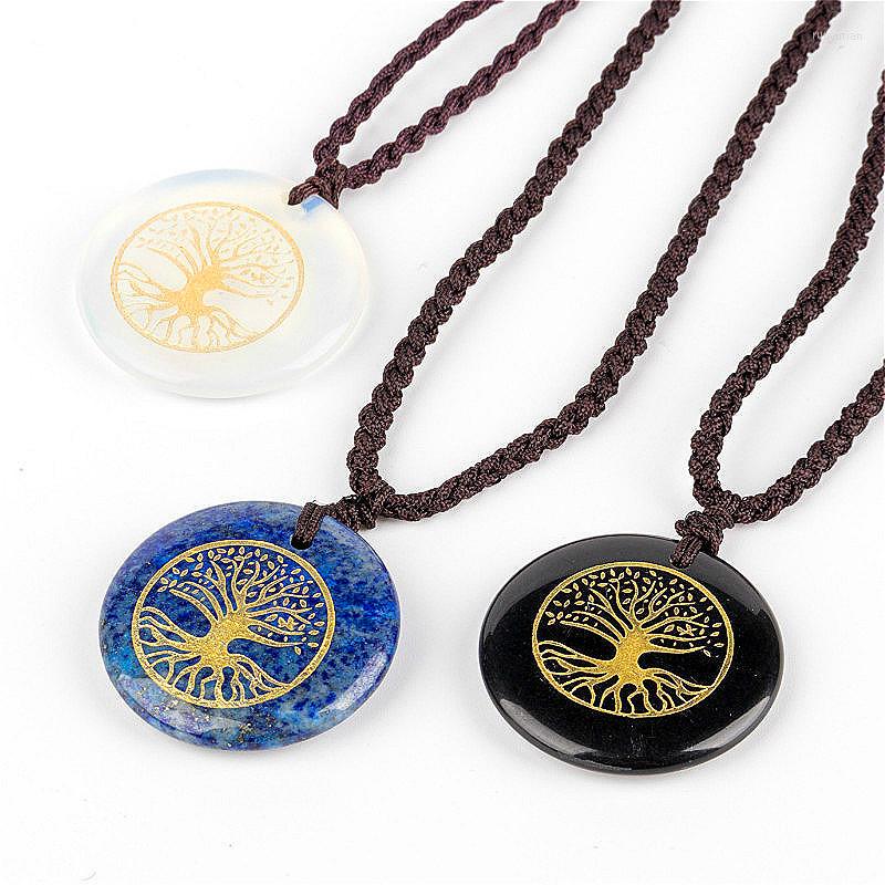 

Pendant Necklaces Natural Stone Tiger Eye Lapis Lazuli Tree Of Life Round Statement Necklace Woman Charm Jewelry Vintage Rope Chain Choker