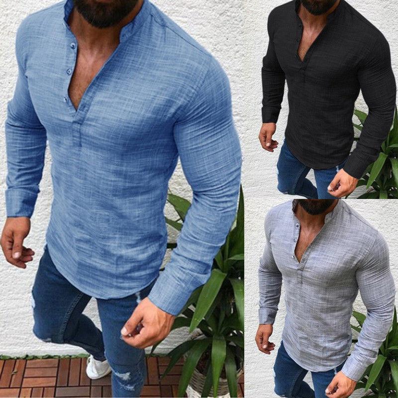 

Men's Casual Shirts Mens Linen Flax Breathable Shirt V-Neck Long Sleeve Autumn Male Clothes, Beige