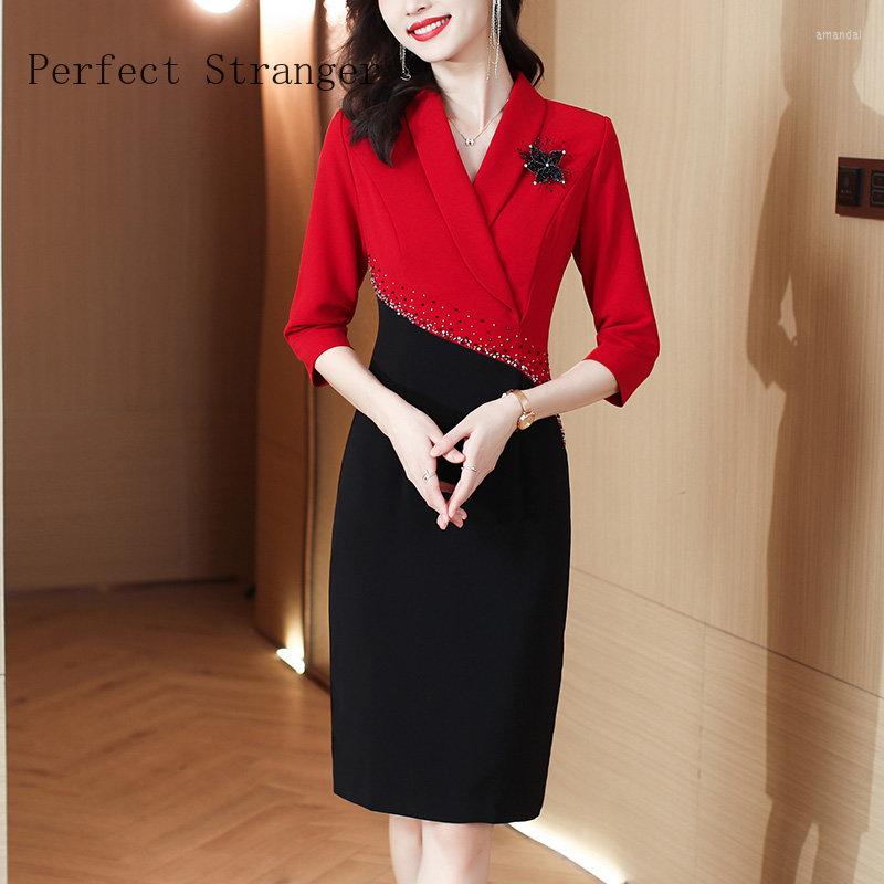 

Casual Dresses 2022 Elegant Lady Luxury Beading Party For Women Autumn Korean Color Block Slim Office Business Formal Robe Knee Length, Green
