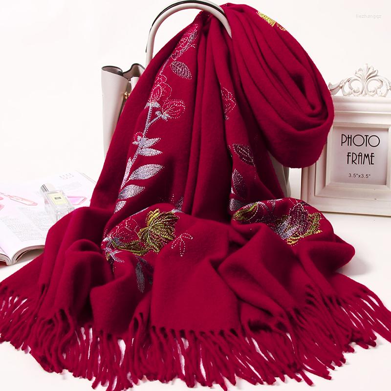 

Scarves Wool Embroidery Women Wedding Red Shawls Wraps Bridesmaid Pashmina Winter Thick Cashmere Scarf Ladies Echarpe Femme