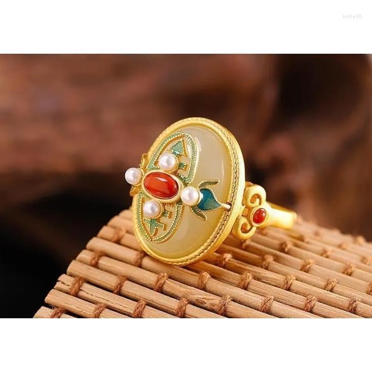 

Cluster Rings Natural Hetian Jade Pearl Ring S925 Sterling Silver Vintage Court Style Elegant White Roasted Blue Jewelry
