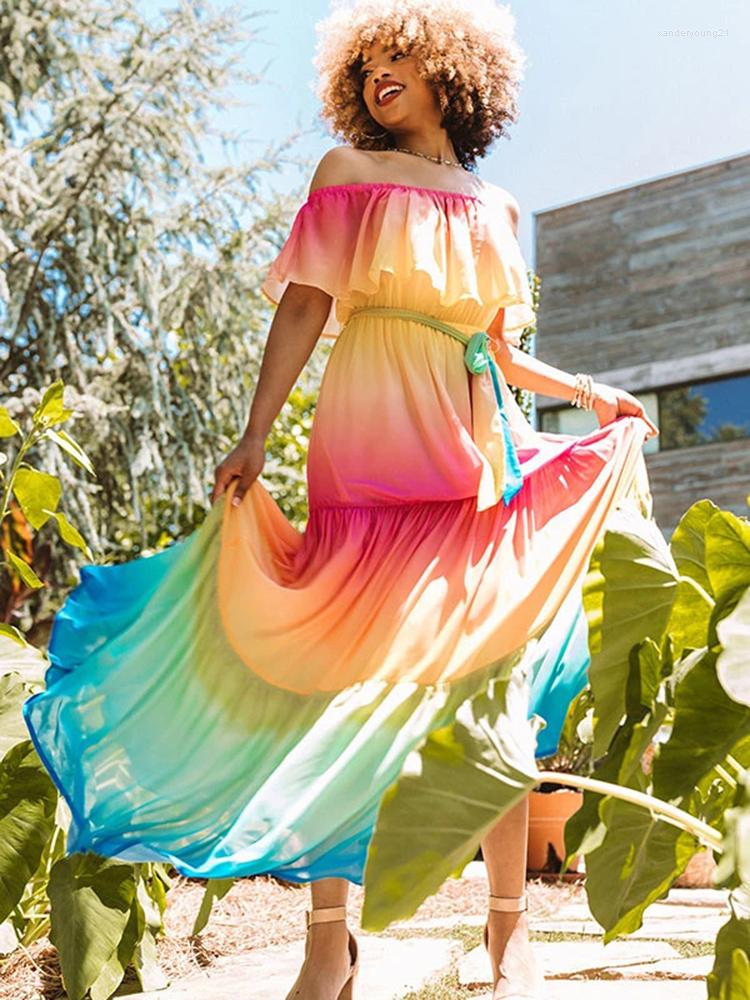 

Party Dresses Khalee Yose Rainbow Colorful Chic Maxi Dress Off The Shoulder Sexy Women Summer Chiffon Tiered Boho Holiday Ladies, Orange red