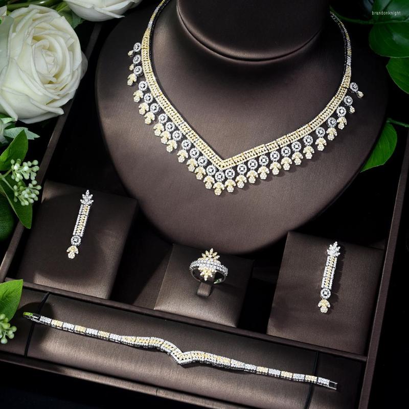 

Necklace Earrings Set HIBRIDE 2 Tones Zirconia Wedding Accessories Bride CZ For Women Pendientes Mujer Moda 2022 N-1130, Picture shown