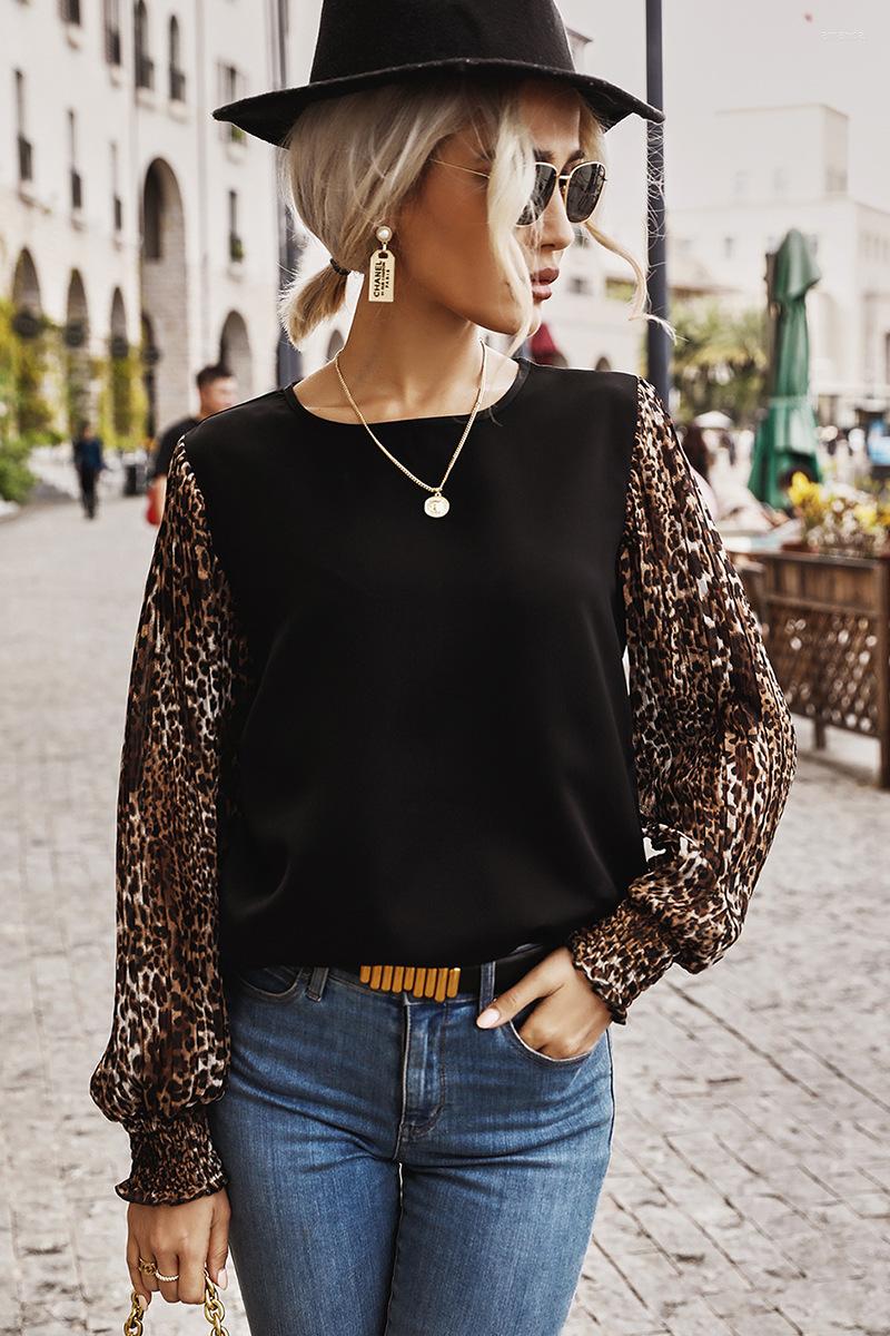 

Women' T Shirts Women Spring Autumn O-Neck Fake Two Piece Loose Leopard Print Long Lantern Sleeve Temperament Fashion Top Female Wear