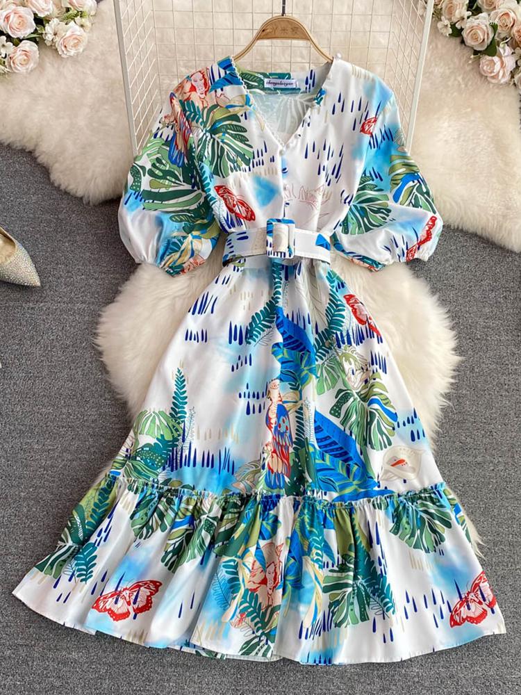 

Party Dresses FTLZZ Summer Elegant Women V-neck Button Puff Sleeve Knee-Length Dress Casual Female Bohemia Floral Print With Belt, Green