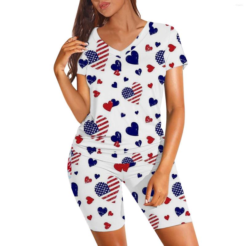 

Women' Tracksuits Long Swimming Shorts For Women Set Top Short Pants Pajama Print Casual Day Sleeve Independence Beach Two Piece Sets, Blue