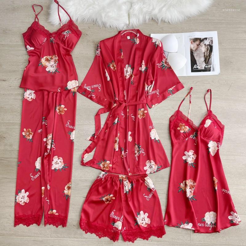 

Women's Sleepwear Women Print Floral Robe Gown Sets Sexy Strap Top Nightdress Kimono Bathrobe Spring Summer Polyester Casual Home Wear, Green set-c