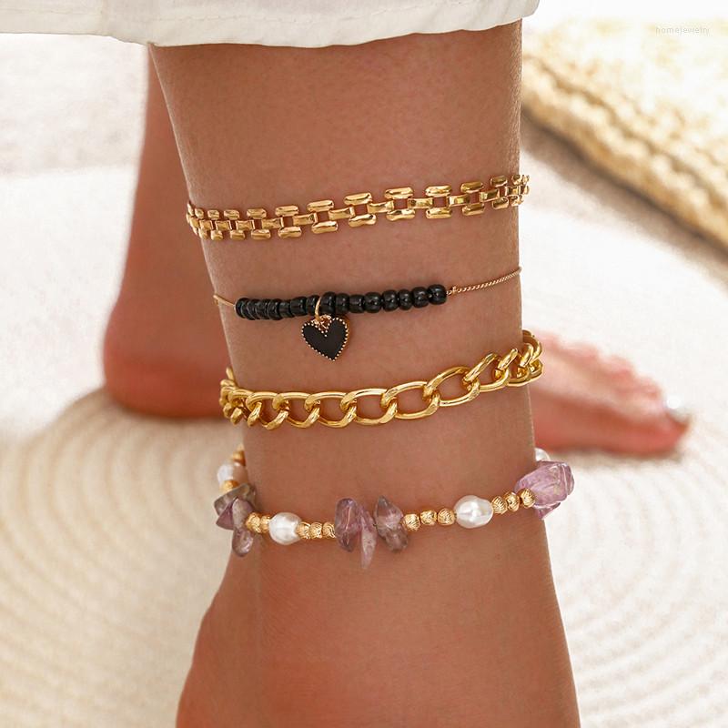 

Anklets 4 Pcs/Set Bohemian Multilayer Natural Stone Beads Heart Set Fashion Gold For Women Beach Foot Chain Jewelry