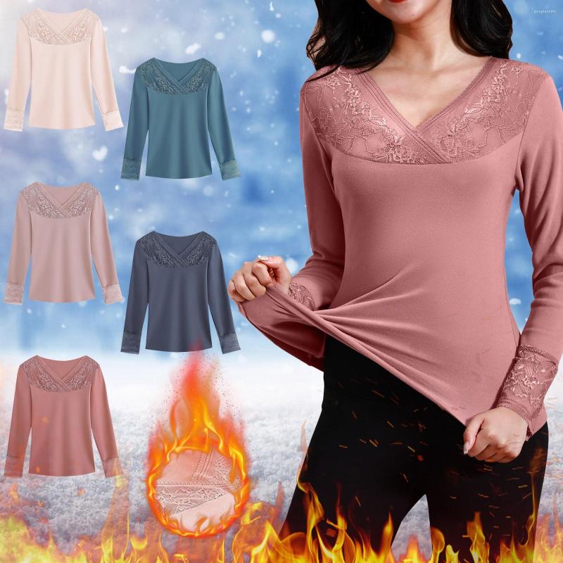 

Women's T Shirts Lace V Neck Thermal Underwear Autumn And Winter Slim Fit H Bottomed Shirt Women's Tops, Beige