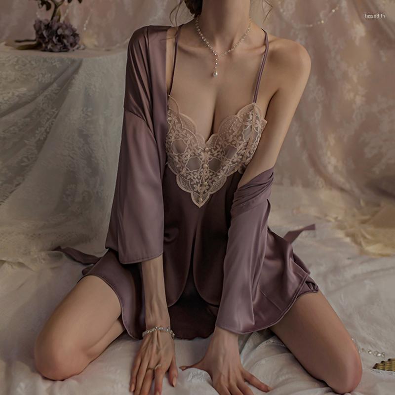 

Women's Sleepwear Sexy Night Dress Women Lace Robe Sets Purple Lingerie Bridesmaid Gift Bathrobe Party Pajamas Nightgown Dressing Home, X yx2027 fen diaodai