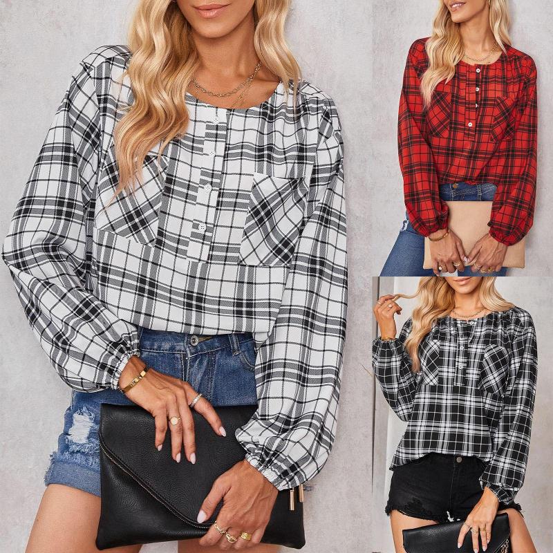 

Women's Polos Autumn 2022 Shirts Women's Fashion Plaid Round Neck, Red