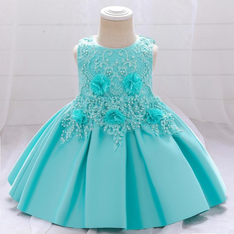 

Girl Dresses Princess Appliques Baby Flower Wedding Christmas Party Green Satin Pearls Dress Children Kids Elegant Vestidos For 6M-5 Years, L2016xz-blue