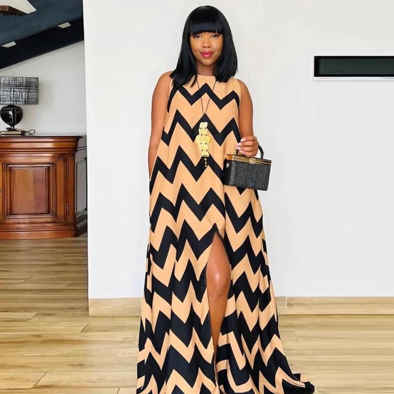 

Casual Dresses Spring Fashion Dress Women Stripe Print Round Neck Sleeveless Split Long Elegant Temperament Loose, Blue