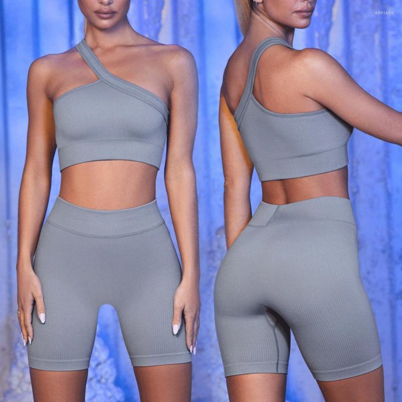 

Active Sets Yoga Suit Ladies Leggings Fitness Two Piece Set Sexy Inclined Shoulder Sleeveless Crop Tops Sporty Elastic Short Pants, Dark blue